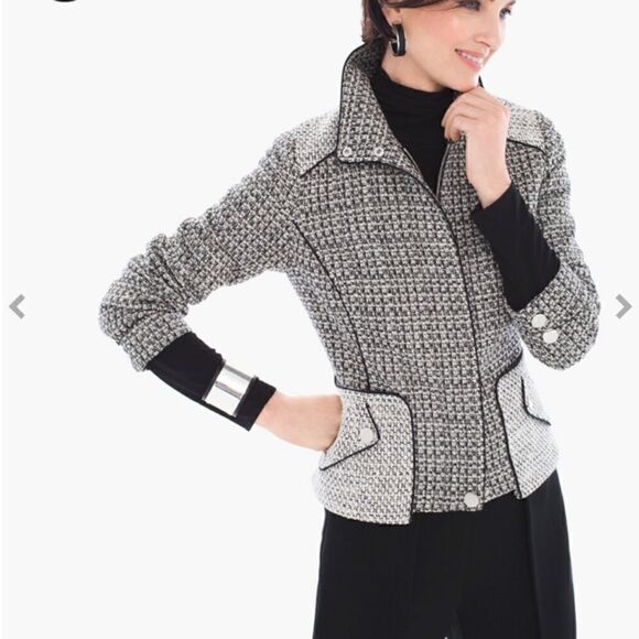 Chicos black label coated black white tweed jacket color block size 1 - Picture 1 of 10